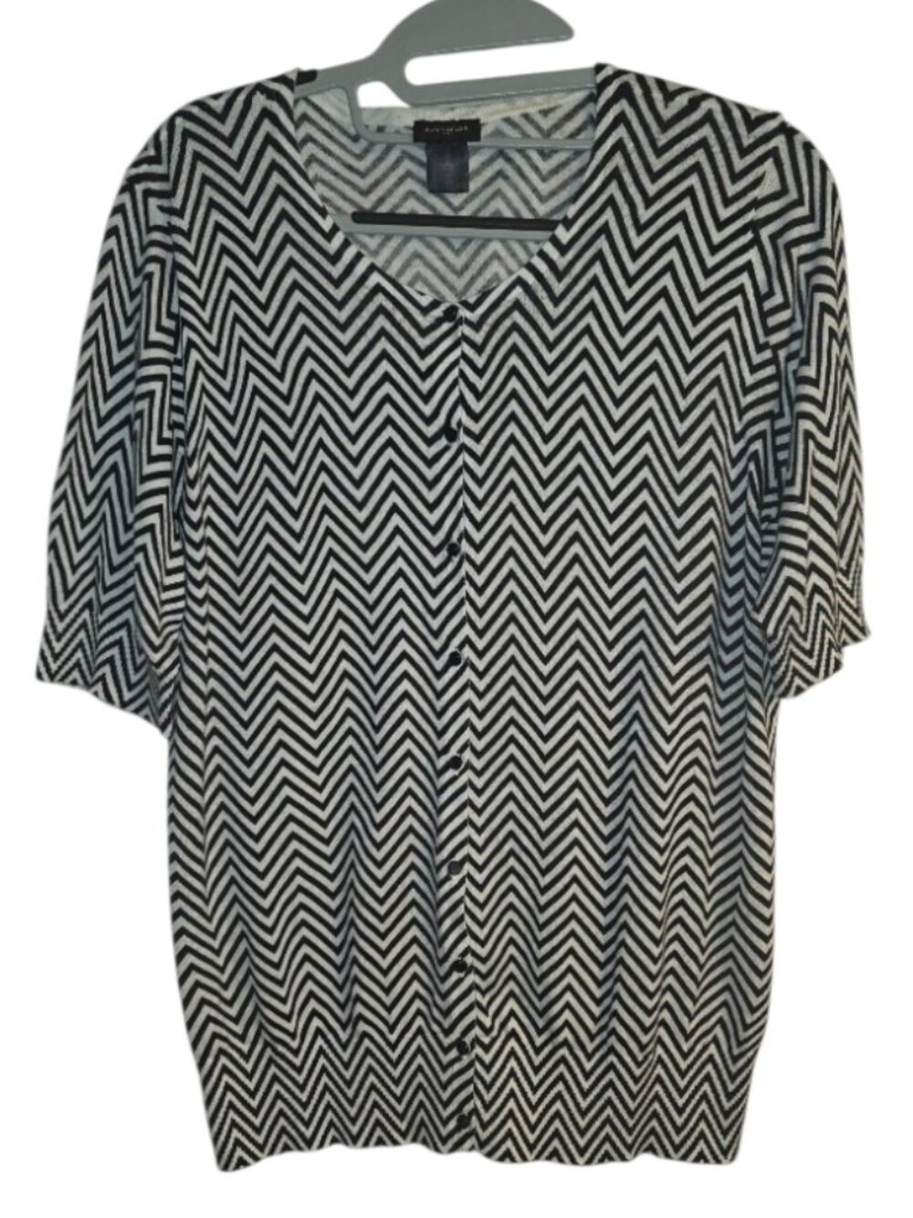 Ann Taylor Chevron Sweater Cotton Button Up Gathered Short Sleeve Hem Sz L Bold